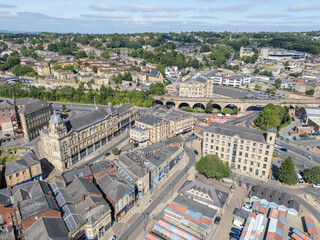 Dewsbury town centre aerial view showing the historic urban centre, commercial buildings and surrounding streets in West Yorkshire, England. © Chris Chambers