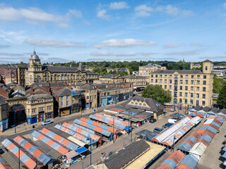 Dewsbury town centre aerial view showing the historic urban centre, commercial buildings and surrounding streets in West Yorkshire, England. © Chris Chambers