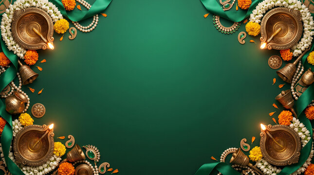Diwali, Dussehra, Ganesh Chaturthi luxury green festival invitation banner flyer background with brass diyas, marigold flowers, jasmine garland, mango leaves, coconut and copy space illustration
