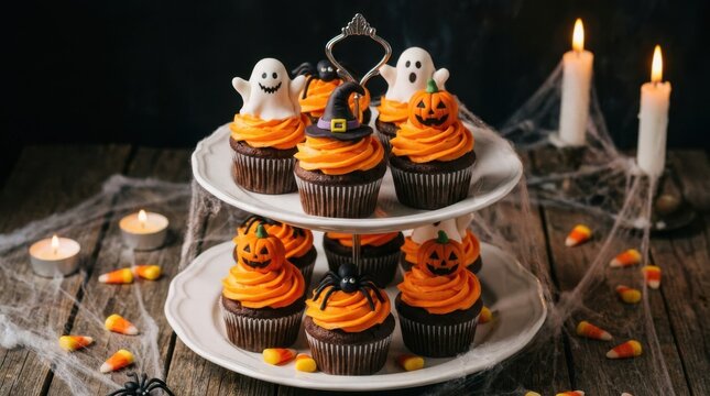 Halloween cupcakes with orange frosting and spooky decorations on a tiered serving stand autumnal treats baked goods bittersweet chocolate candy corn celebration close-up confectionery cream