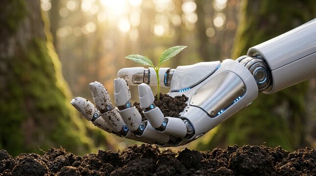 Robot Hand Holding Green Seedling in Forest for Sustainable AI and Ecology Concept