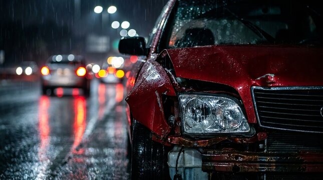 Damaged Red Car After Traffic Accident on Rainy Night with Blurred City Lights