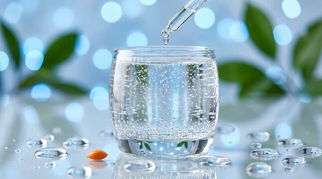 Glass of Sparkling Water with Pipette Dropping Liquid for Skin Care and Wellness Concept