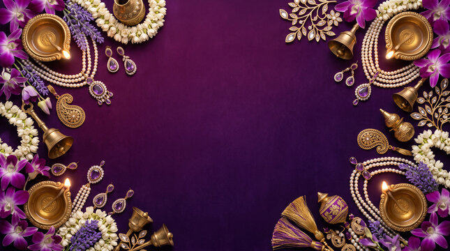 Diwali, Dussehra, Ganesh Chaturthi traditional Indian festival invitation banner flyer background with purple orchids, brass diya, pearl jewelry, floral border and copy space illustration