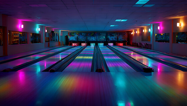 A neon-lit bowling alley with glowing blue an d red lights