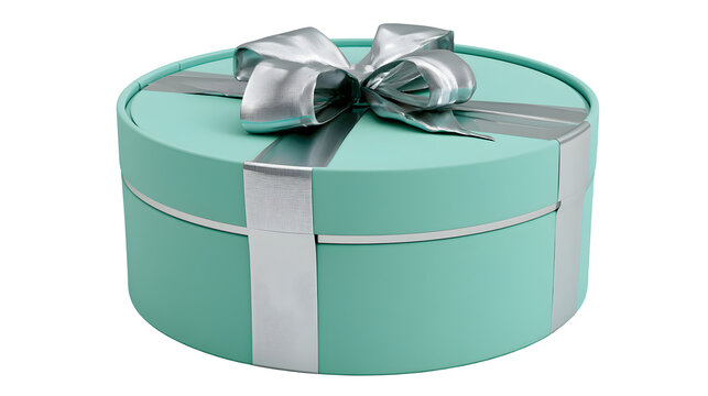 Mint green round gift box with silver ribbon , present container for special occasions and celebrations