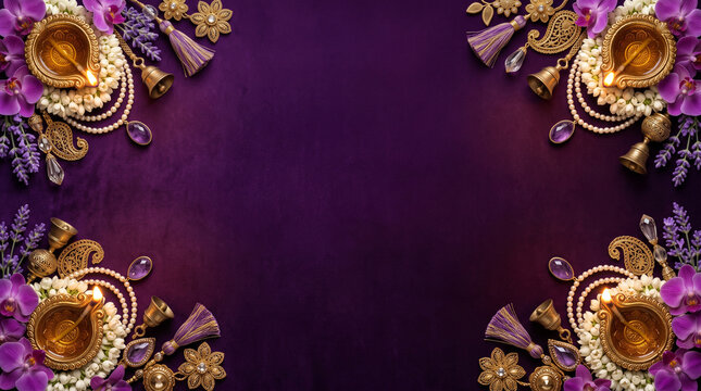 Diwali, Dussehra, Ganesh Chaturthi luxury purple festival invitation banner flyer background with brass diya, purple orchids, jasmine garland, pearl jewelry and copy space illustration