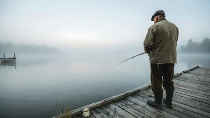 Naklejka premium Man fishing on wooden dock by foggy lake during early morning