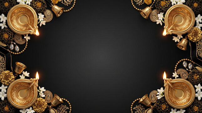 Diwali, Dussehra, Ganesh Chaturthi traditional Indian festival banner flyer background with black floral arrangement, brass diya, golden decorations, jasmine flowers and copy space illustration