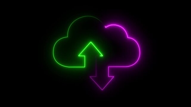 abstract Glowing neon cloud storage with arrows, looped animation. black background Cloud space and technology, data backup icon motion graphic of cloud storage with arrows concpte.