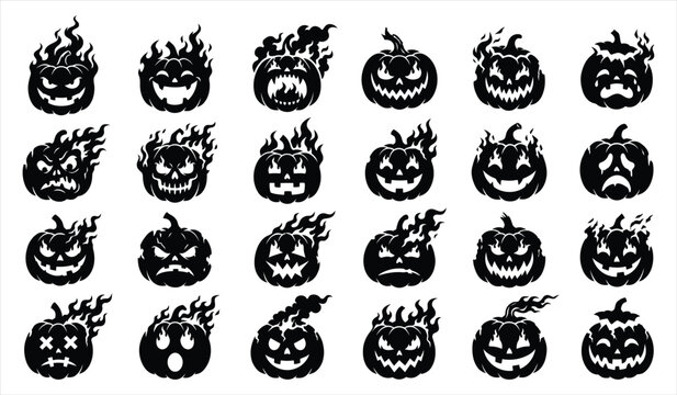 Set of black and white hand drawn halloween pumpkin icons with various spooky expressions and burning fire flames