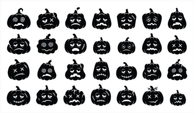 Set of hand drawn black and white pumpkin icons with various spooky facial expressions for your halloween design projects