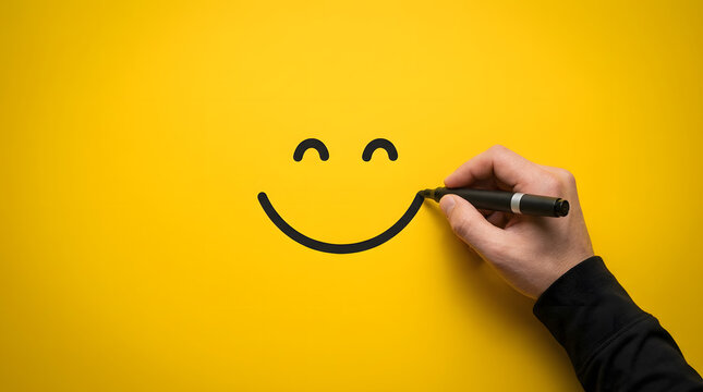 A hand in a black sleeve draws a simple smiley face with a black marker on a vibrant solid yellow background, completing the curved smile line featuring drawing, happy, emotion, bright and colorful