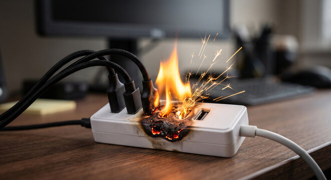 Power strip burning with flames and sparks from overloaded sockets.