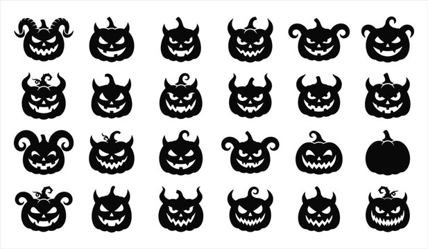 Set of various scary pumpkin faces with different expressions for halloween decorations and spooky holiday graphic design projects collection