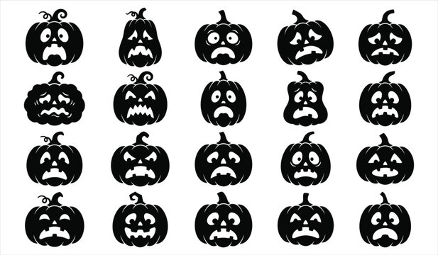 Set of twenty hand drawn black and white halloween pumpkin icons with various funny and scary facial expressions