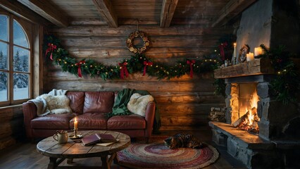 Obraz premium Cozy rustic living room decorated for Christmas with fireplace and festive garland