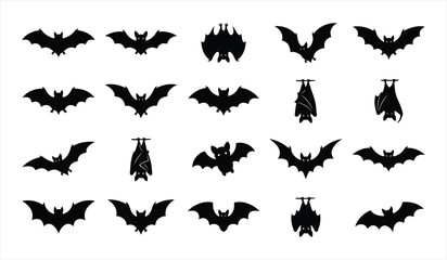 Fototapeta premium Collection of various black bat silhouettes for halloween decorations isolated on a white background for festive graphic design projects