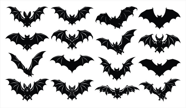 Set of various black bat silhouettes flying in different positions isolated on white background for your halloween party decorations
