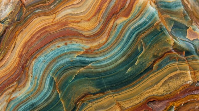 Agate stone surface displays intricate swirling patterns of blue, brown, and ochre mineral layers that form a unique natural abstract texture suitable for luxury interior design and artistic.