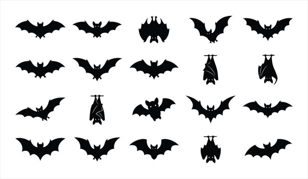 Collection of various black bat silhouettes for halloween decorations isolated on a white background for festive graphic design projects