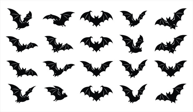 Set of black flying bats isolated on white background for halloween decoration and spooky holiday graphic design elements