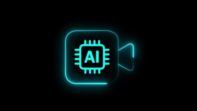 Outline neon AI camera, icon Glowing neon, black background, AI video processing algorithms. Neural network for generating movie and music clip, motion graphic concpte..