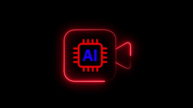 Outline neon AI camera, icon Glowing neon, black background, AI video processing algorithms. Neural network for generating movie and music clip, motion graphic concpte..