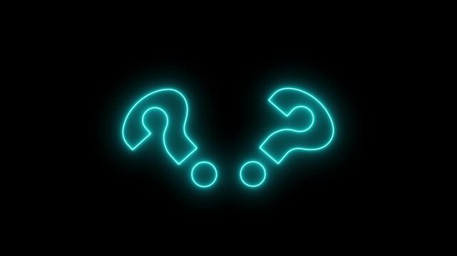 Outline neon questions, colorful icon. Glowing neon question marks, answer searching, FAQ support, questionnaire. Find problem decision. Quest, puzzle and quiz. motion graphic 4k loop..