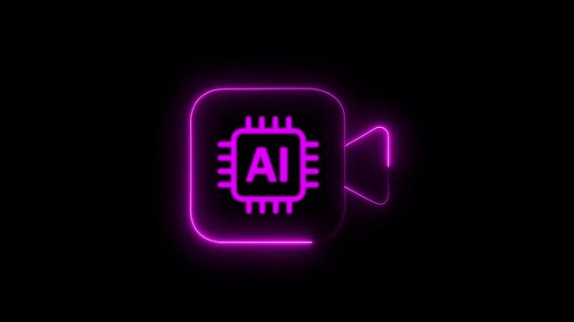 Outline neon AI camera, icon Glowing neon, black background, AI video processing algorithms. Neural network for generating movie and music clip, motion graphic concpte..