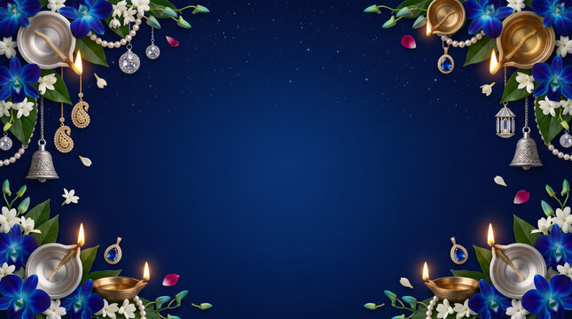 Diwali, Dussehra, Ganesh Chaturthi elegant royal blue Indian festival banner flyer invitation background featuring brass and silver diyas, blue orchids, crystal ornaments and copy space illustration