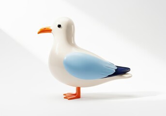 Obraz premium Stylized 3D Illustration of a Minimalist Seagull Figurine with Blue Wings and Orange Beak on White Background