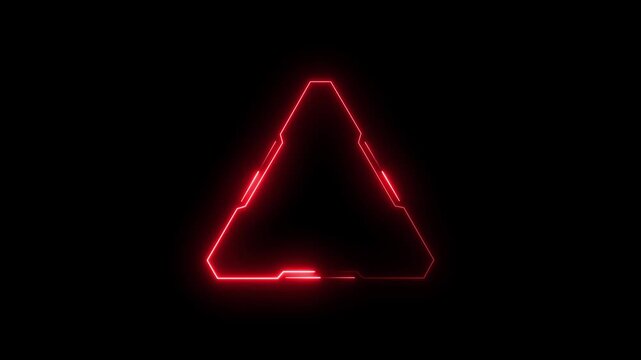 Red Bicolor outline neon triangle frame, black background, Neon triangle HUD frame, glow line UI border with space for text. Bicolor triangular led borders. motion graphic..