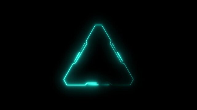 Cyan Bicolor outline neon triangle frame, black background, Neon triangle HUD frame, glow line UI border with space for text. Bicolor triangular led borders. motion graphic..