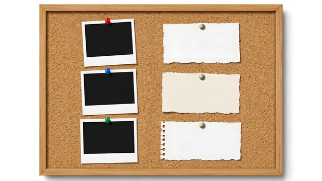 Natural cork board with pinned blank photo frames and textured notes paper.
