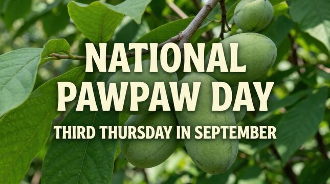 National Pawpaw Day Graphic Featuring Fresh Green Pawpaws Growing on a Leafy Tree Branch to Celebrate the Third Thursday in September.
