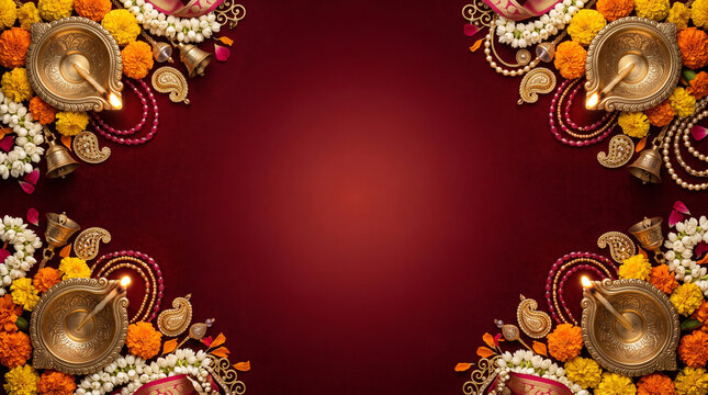 Diwali, Dussehra, Ganesh Chaturthi elegant maroon floral frame banner flyer invitation background featuring brass diyas, marigold flowers, traditional ornaments and copy space illustration