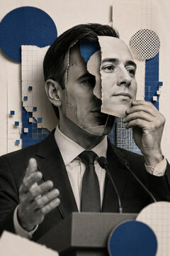 Deepfake deception concept with torn portrait faces, identity manipulation and fake person collage illustrating digital fraud