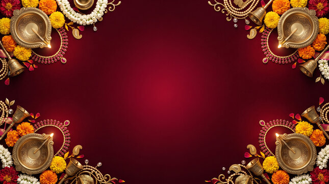 Diwali, Dussehra, Ganesh Chaturthi luxury maroon festival invitation banner flyer background with brass diya, marigold flowers, jasmine garland, pearl jewelry and copy space illustration