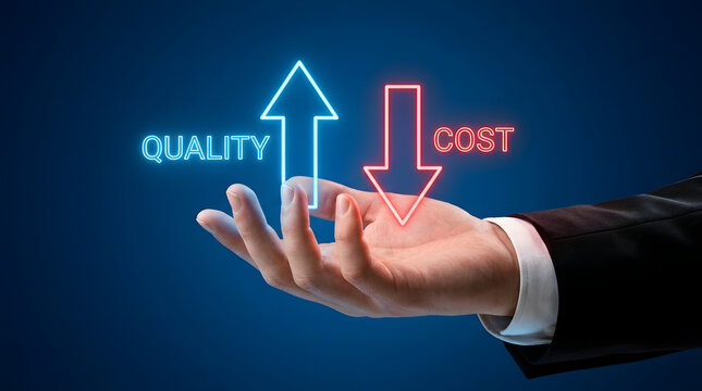 Hand in business suit holding glowing arrows showing increasing quality and decreasing cost against a dark blue background featuring concept, increase, decrease, up, down, neon, red and light