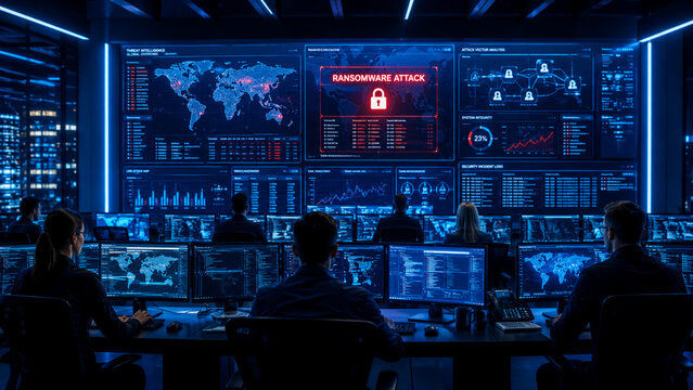 Cybersecurity team monitoring 3d digital network loop infrastructure during a critical ransomware attack detection in a dark high tech operations center
