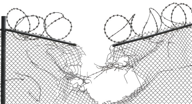 Barbed wire fence with razor wire and mesh barrier isolated on transparent background