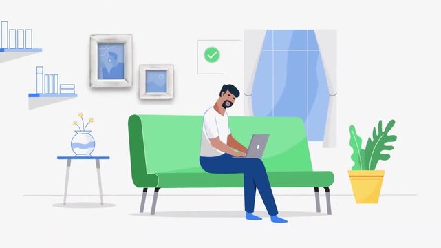 2D Animated Man Sitting on Green Sofa Working on Laptop Computer in Bright Living Room Flat Vector Character Animation Footage