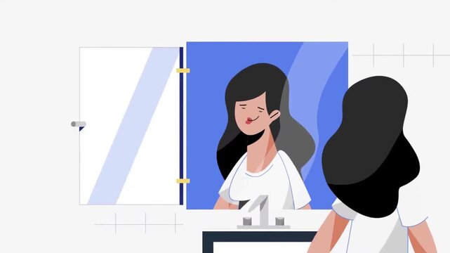 2D Animated Young Woman Looking in Bathroom Mirror Morning Routine Self Care Flat Vector Character Animation Footage
