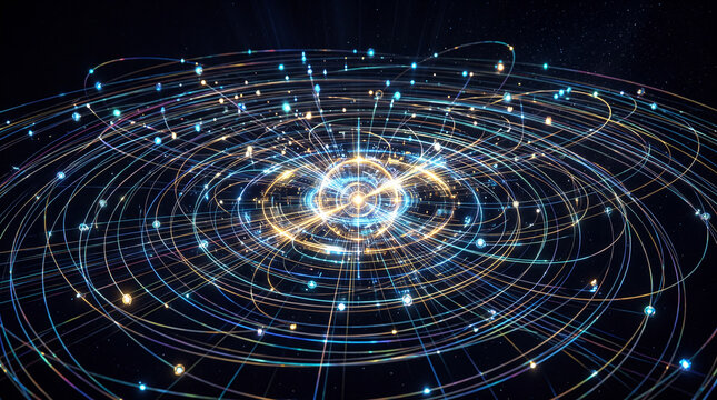 Abstract network connection of glowing light orbs orbiting a central point with circular data pathways against a deep dark background for use in futuristic technology and communication themes.