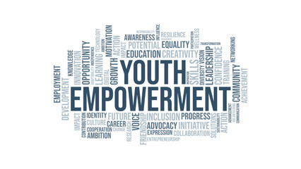 Fototapeta premium Youth Empowerment Word Cloud Design for Youth Event Poster Education Awareness Print. Youth Empowerment minimalist blue typography