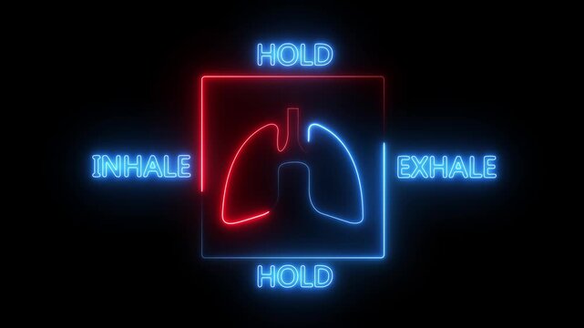 Glowing Neon Box Breathing Exercise Animation with Lungs Icon, Inhale Hold Exhale Cycle Guide for Meditation, Mindfulness, Stress Relief and Relaxation, 4K Motion Graphics..