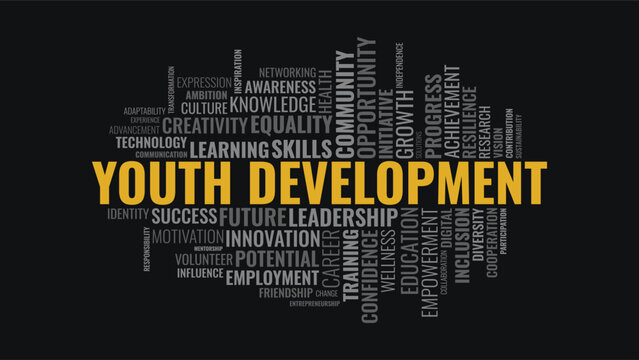 Youth Development Word Cloud Design for Youth Event Poster Education Awareness Print. Youth Development bold yellow typography