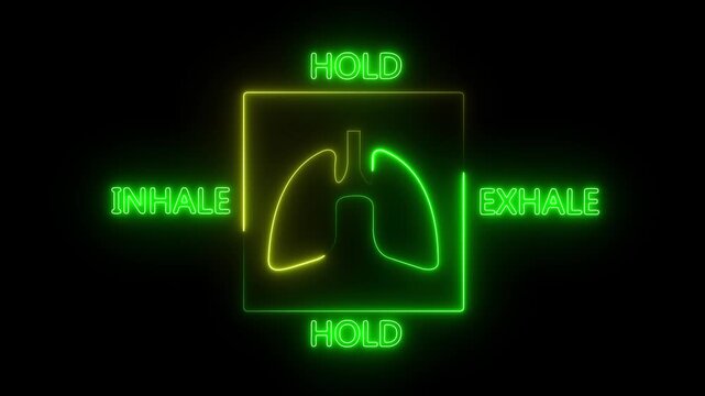 Glowing Neon Box Breathing Exercise Animation with Lungs Icon, Inhale Hold Exhale Cycle Guide for Meditation, Mindfulness, Stress Relief and Relaxation, 4K Motion Graphics..
