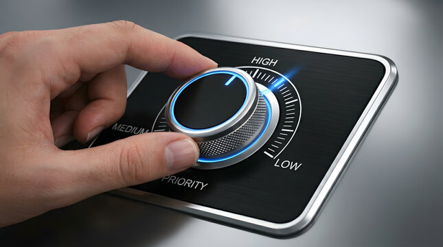 A hand adjusts a sleek, modern priority dial to the high setting on a digital interface, with low, medium, and high options clearly marked and illuminated featuring control, adjustment and technology